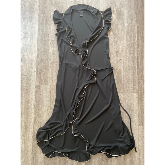 The Limited Dresses & Skirts - The Limited Black Ruffle Wrap Dress Gold Trim Midi Flutter Sleeve XS